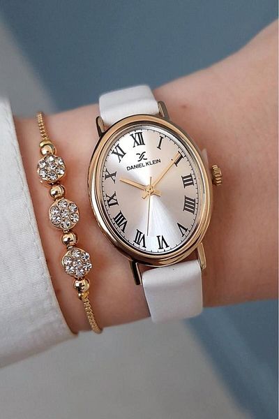 Daniel Klein White Leather Strap Women's Wristwatch + Jewelled Bracelet