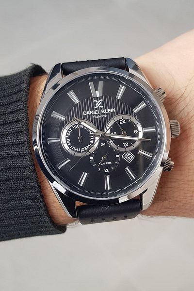 Daniel Klein New Model Functions Active Black Leather Strap Men's Wrist Watch