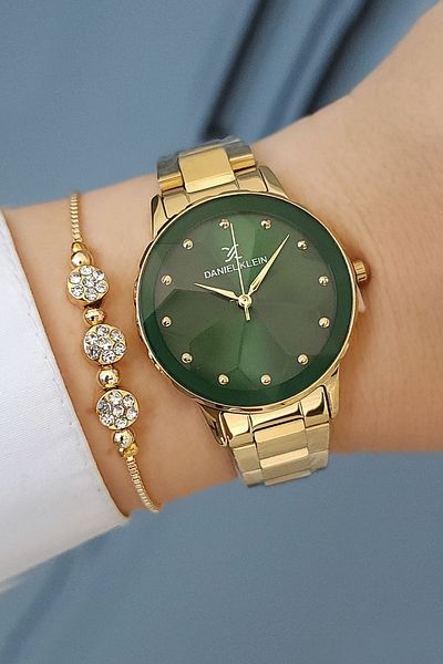 Daniel Klein New Model Cut Glass Gold Yellow Green Dial Women's Wrist Watch + Zircon Stone Bracelet