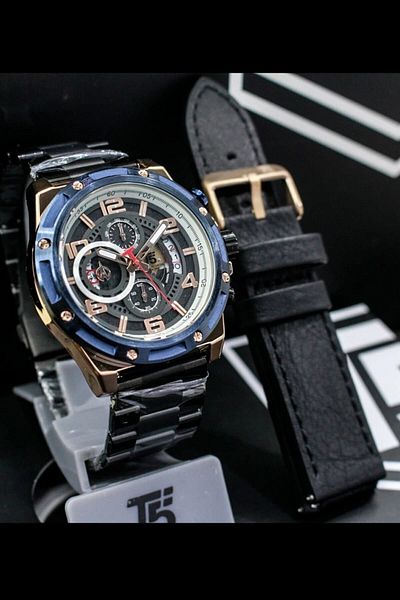 T5 Saat T5 Men's Blue/Black Wristwatch in Special Box with Chronograph Feature and Spare Strap Gift