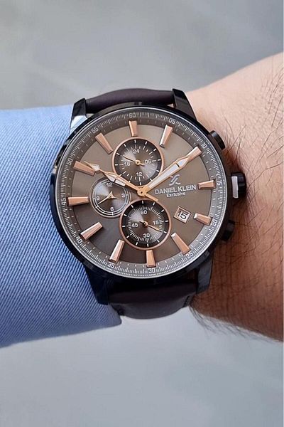 Daniel Klein Exclusive Brown Leather Strap All Functions Men's Wristwatch with Active Calendar