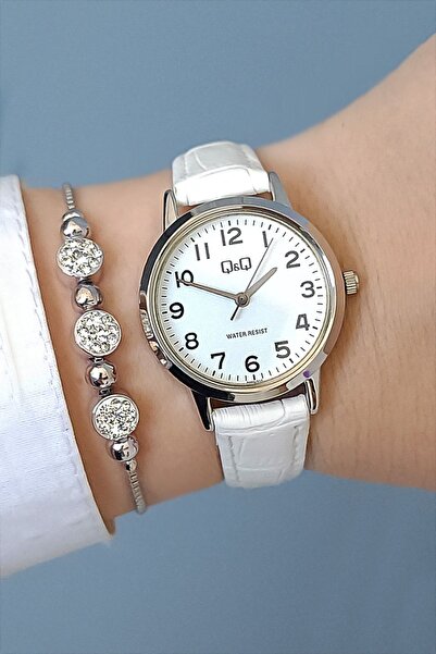 Q&Q Beyaz Deri Kayışlı Kadın Kol Saati + Zirkon Taşlı Bileklik