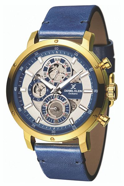 Daniel Klein Navy Blue Leather Strap Function Men's Wristwatch