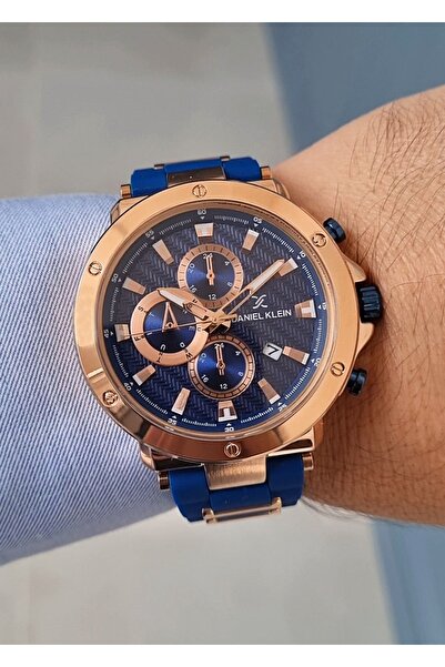 Daniel Klein Mavi Silikon Kayışlı Rose Gold Kasa Takvimli Erkek Kol Saati
