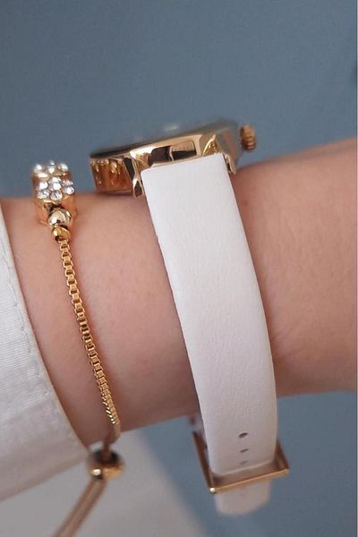 Daniel Klein White Leather Strap Women's Wristwatch + Jewelled Bracelet