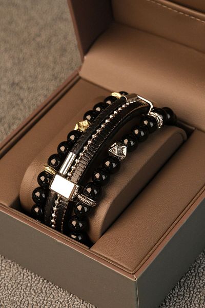 Jack Ferrero Men's Leather and Natural Stone Bracelet Combination Set
