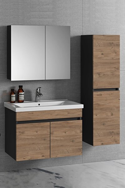 ÖZCEDEN 80 35 Cm Antrasit Gri Mat-atlantik Çam Mdf Seramik Lavabolu Asma Banyo Dolabı Takımı