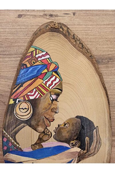 BYSEMRAAY Kütük Dilimi Üzerine Akrilik Çizim 16x30-afrikalı Kadın