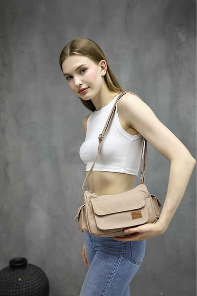 KIRASE Geantă tote din pânză cu clapă cu text unic - geantă de mână cu buzunare laterale și crossbody