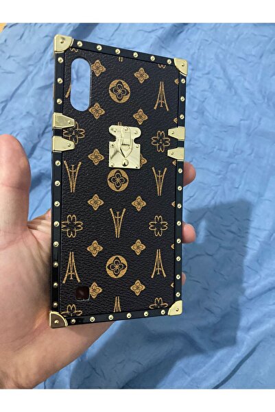 Newon حافظة لهاتف سامسونج جالاكسي A10 من الجلد الصناعي البني مع إطار ذهبي ذهبي