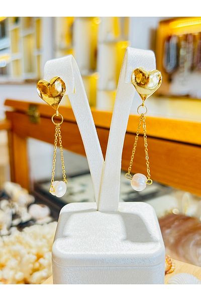 Luna Pearl Dangle Real Heart Earrings
