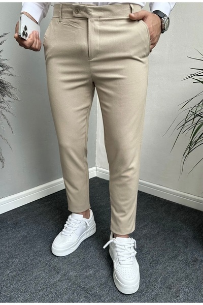 çerme Beige Slim Fit Lycra Men's Fabric Trousers