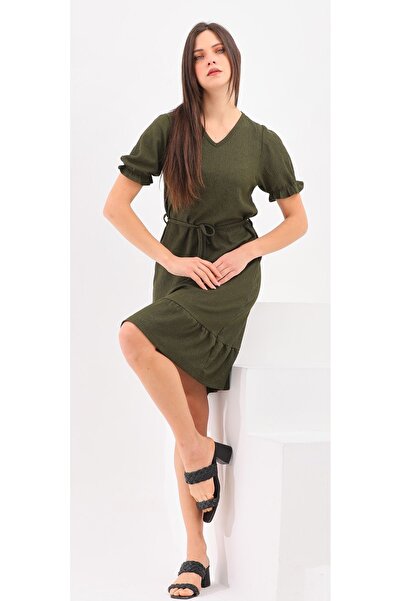 DEVRİMAY TEKSTİL Kadın Yazlık Elbise V Yaka Balon Kollu Haki