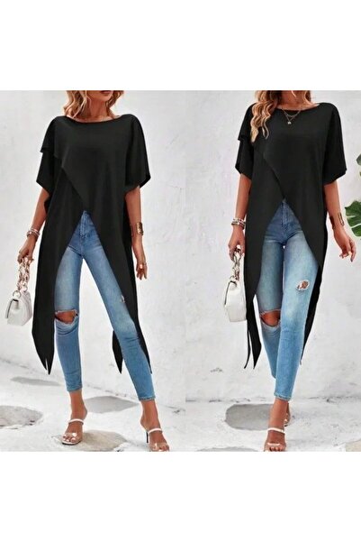 Moka Shopin Дамска дълга блуза с къс ръкав и асиметричен разкрой, пясъчно зелено