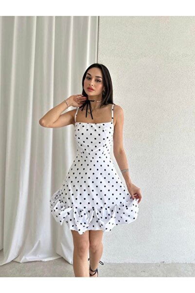 Afiş Butik Beyaz Etek Ucu Hareketli Puantiyeli Mini Elbise