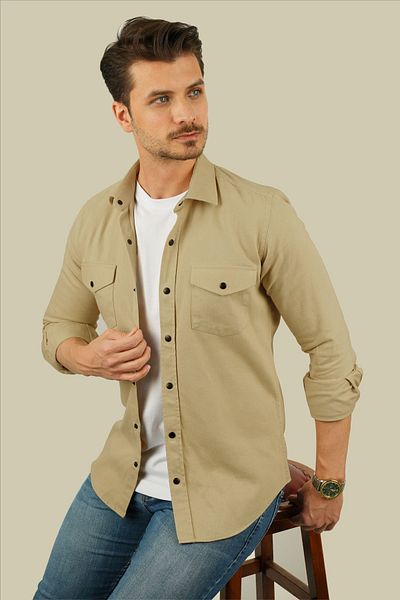 Etikmen Beiges Slimfit-Hemd aus echtem Denim für Herren – in Geschenkverpackung