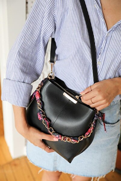 dekado Accesoriu de lanț de eșarfă neagră pentru femei, din piele moale, gean...