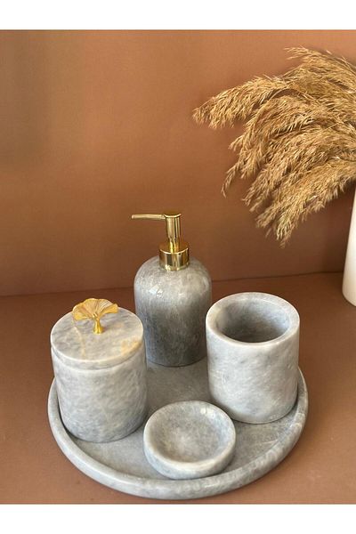 ege gross Decorative Natural Gray Marbroom Accessory 5 Pieces Marbroom Bathroom Set / Marbroom Bathroom Set