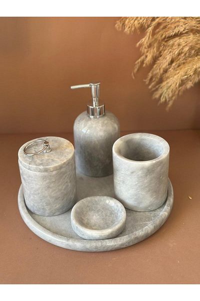ege gross Decorative Natural Gray Marbroom Accessory 5 Pieces Marbroom Bathroom Set / Marbroom Bathroom Set