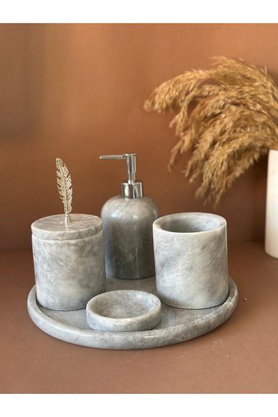 ege gross Decorative Natural Gray Marbroom Accessory 5 Pieces Marbroom Bathroom Set / Marbroom Bathroom Set