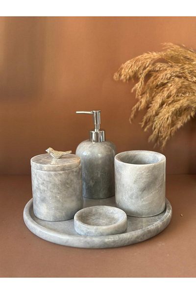 ege gross Decorative Natural Gray Marbroom Accessory 5 Pieces Marbroom Bathroom Set / Marbroom Bathroom Set