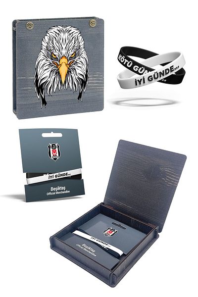 Beşiktaş 2-Piece Silicone Good Day Libricating Bracelet and Eagle Printed Gift Wooden Box