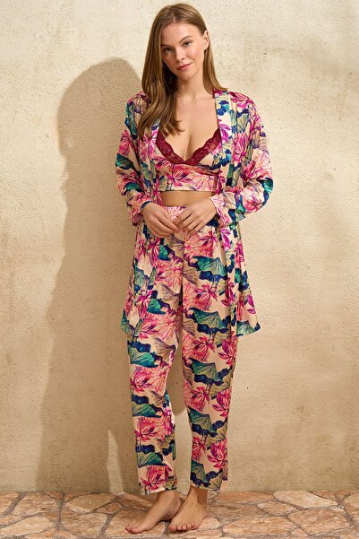 Anıl Σετ γυναικεία σατέν ρόμπα Bralet και παντελόνι