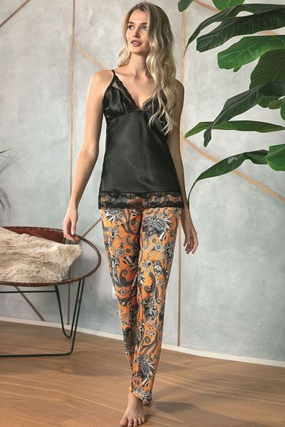 Anıl Women's Satin Floral Printed Dressing Gown Lace Tank Top and Pants Pajamas 3-Piece Set (5621)