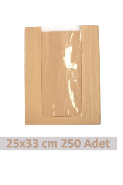 OLİ Art 25x33cm Kraft Paper Bag with Window - 250 Pieces Side Gusset Packaging Gift Package