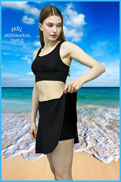 missmaral Siyah Yüksek Bel Plaj Giyim Şortlu Etek Skirt With Shorts Beach Wear & Tennis