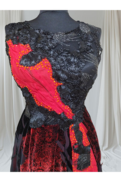 Muse Costume Yakma kadife kumaş ve tül detaylı dantel işlemeli tango elbisesi