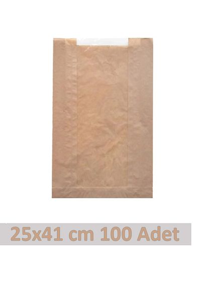 OLİ Art 25x41cm Kraft Paper Bag with Window - 100 Pieces, Side Gusset Packaging, Gift Package