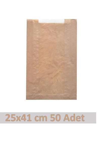OLİ Art 25x41cm Kraft Paper Bag with Window - 50 Pieces, Side Gusset Packaging, Gift Package