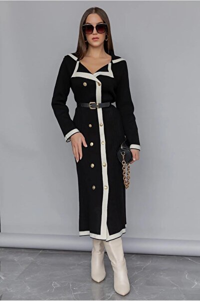 R&G RIMANERE GIOVANI بدلة تريكو بأربعة أزرار، فستان طويل بتفاصيل أشرطة وبنطلون بالازو