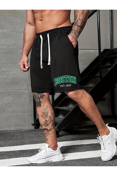 Boi Unisex Casual σορτς-Boston σορτς με ψηλόμεσο και τσέπες, μαύρο γκρι χτενισμένο βαμβακερό, εμπριμέ γυναικείο καλοκαιρινό σορτς