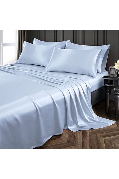 Tinybabyconcept Set cuvertură de pilota dublă din satin de bumbac 4 bucăți mătase texturată albastru 160x220 cm cearșaf elastic