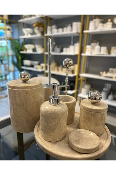 ege gross Decorative Natural Beige Marbroom / Accessory Detailed 8-Piece Marbroom Bathroom Set / Marbroom Bathroom Set