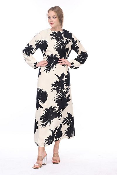 Eceyaman moda Black and White Leaf Pattern - Women's Long Sleeve and Lace-up Dress