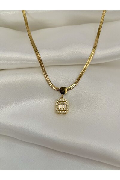 Gess Baget Taşlı Italyan Zincir Paslanmaz Kararmaz Altın Kaplama Çelik Kolye (42-47CM AYARLANABİLİR)
