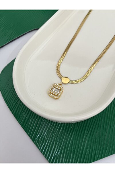 Gess Baget Taşlı Italyan Zincir Paslanmaz Kararmaz Altın Kaplama Çelik Kolye (42-47CM AYARLANABİLİR)