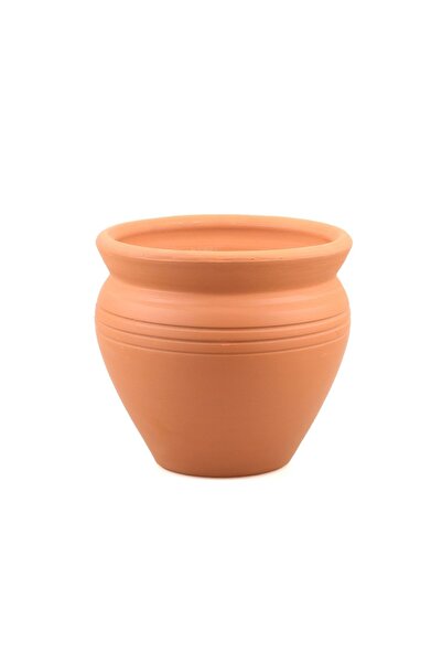 Flower Doğal Terleyen El Yapımı Çömlek Toprak Saksı Orta Boy Çizgili