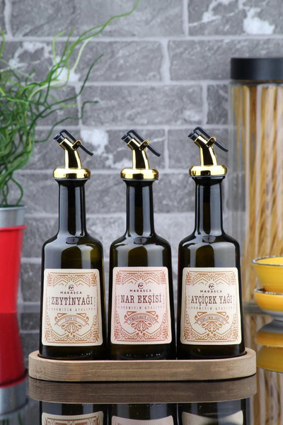 Genel Markalar Ahşap Stantlı 3'lü Zeytinyağı - Ayçiçek Yağı - Nar Ekşisi Cam ...