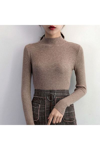 Choice Autumn Winter Mock Neck Women Sweater Vintage Basic Solid Knitted Tops Casual Slim Pullover Korea...