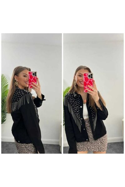 Kısmetin Butiği Women's BLACK drop Detailed Chain Denim Jacket MAKE UP THE DIFFERENCE