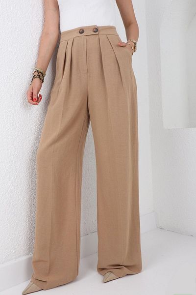 Suzi butik Γυναικείο Palazzo Παντελόνι από λινό Camel με υφή