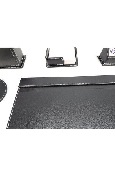 prozenis 7 Piece White Stitched Black Leather Desk Mat Set P307