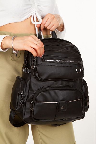 Halk Sepeti Black Leather Women's Backpack - Shoulder Bag