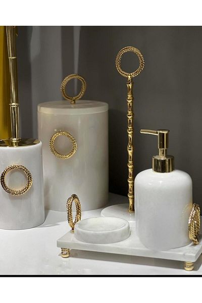 ege gross Decorative Natural White Marbroom Gold Shiny Accessory Marbroom Bathroom Set / Marbroom Bathroom Set