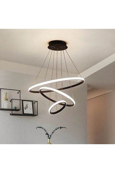LİVORA LIGHTING Triple Ring Black LED Chandelier White Light