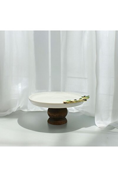 iQey Home Zeytin Detaylı Ahşap Ayaklı Porselen Pasta Tabağı 20 cm